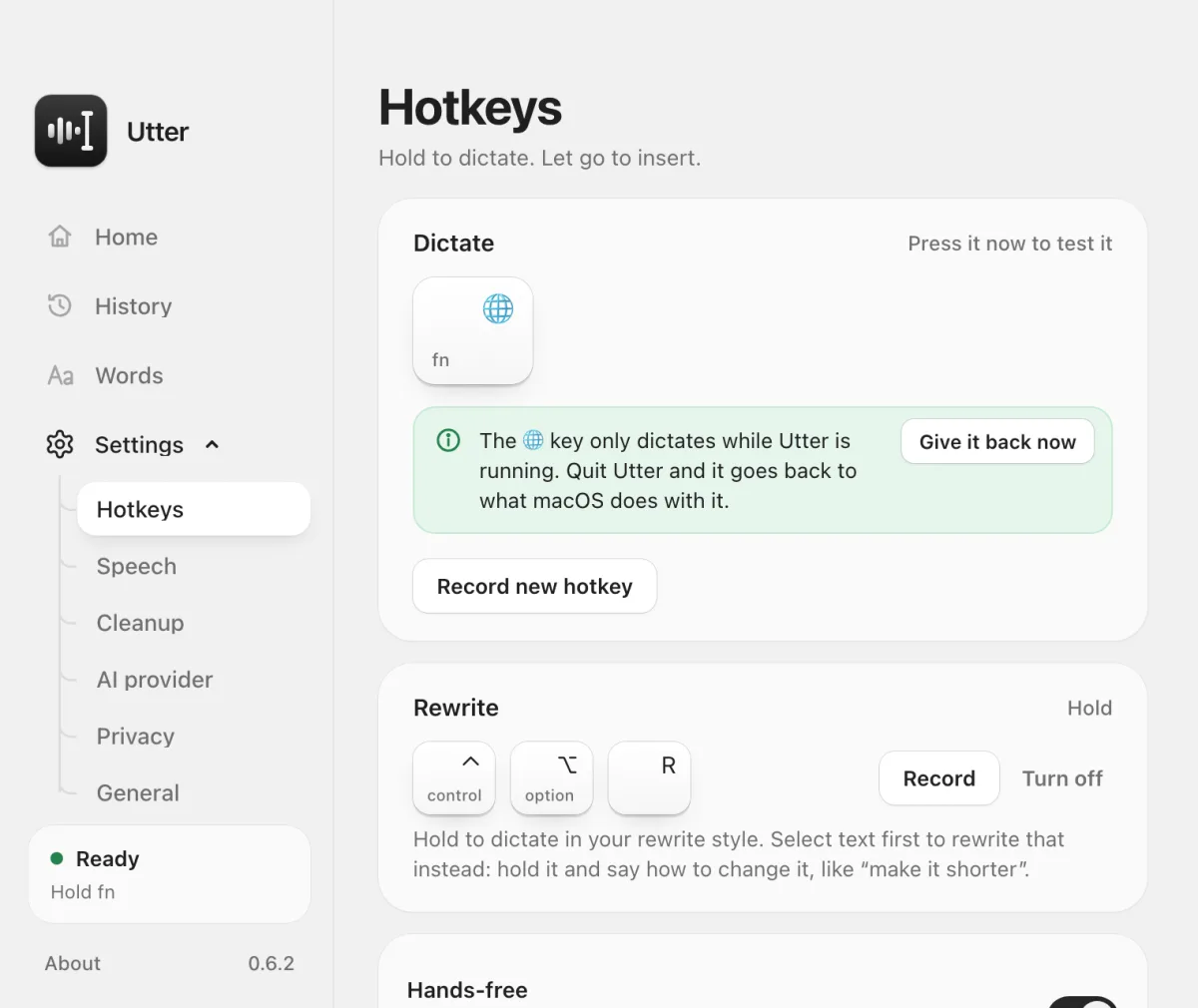 Utter's Hotkeys screen