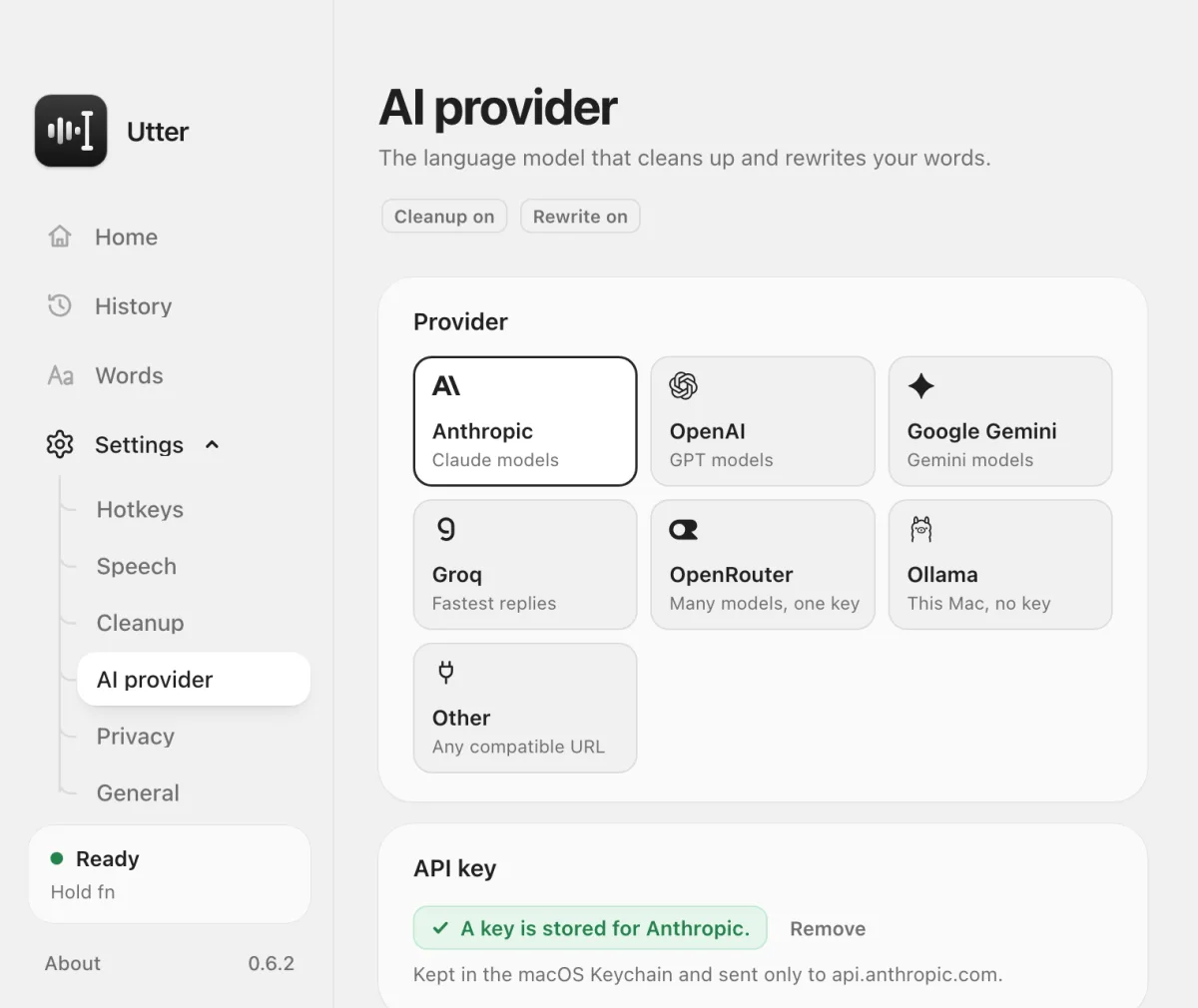 Utter's AI provider screen
