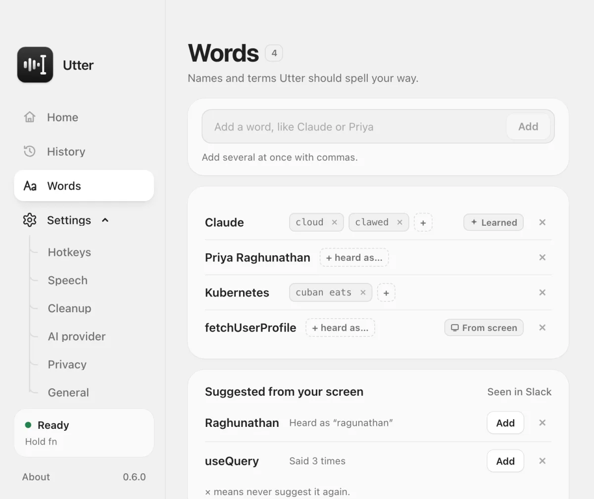 Utter's Your words screen